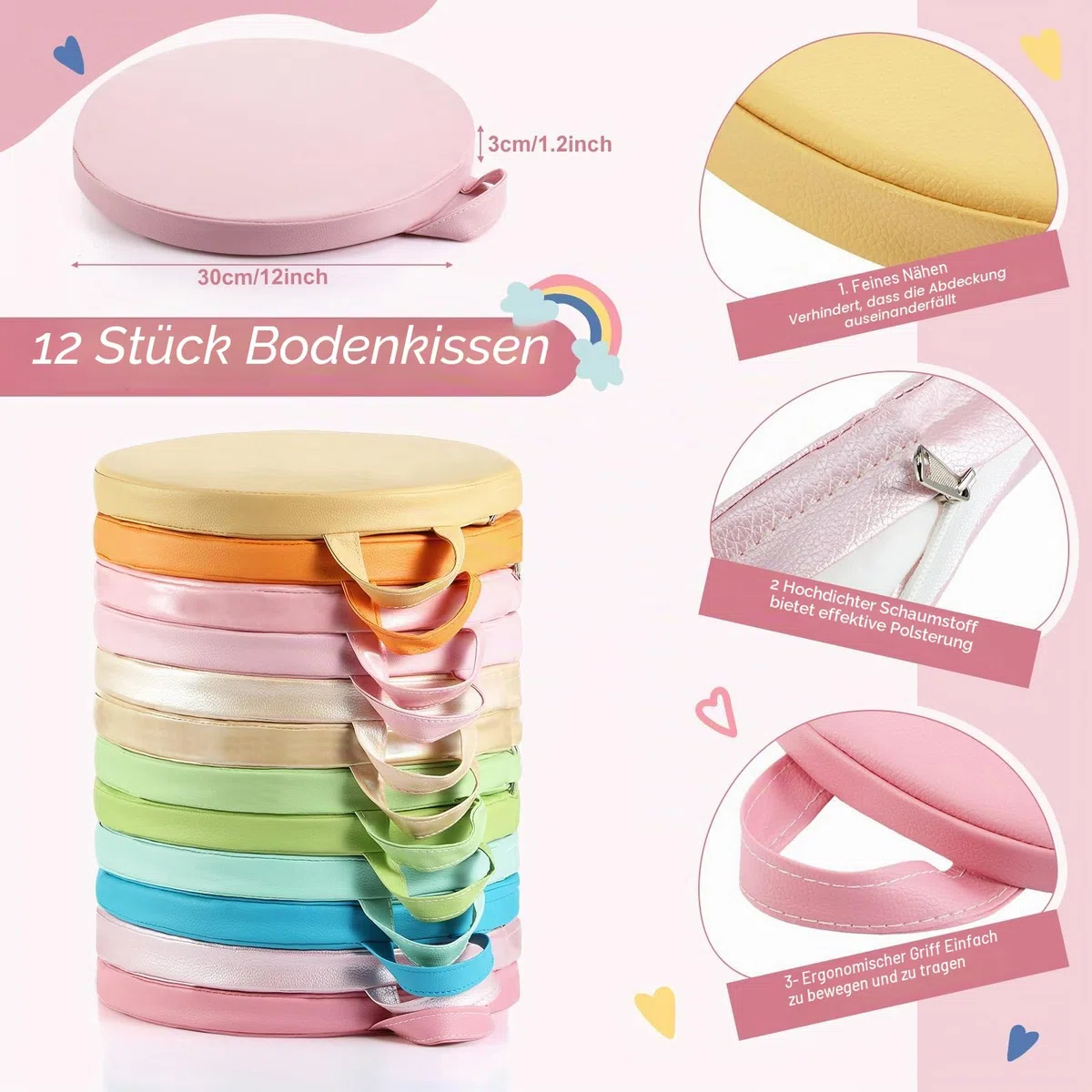 Sawysine Bodenkissen, flexibel, mit Griff, für Kinder, Zuhause, Schule, Klassenzimmer, Kindergarten, Kindergarten (Pastellfarbe, rund), 12 Stück