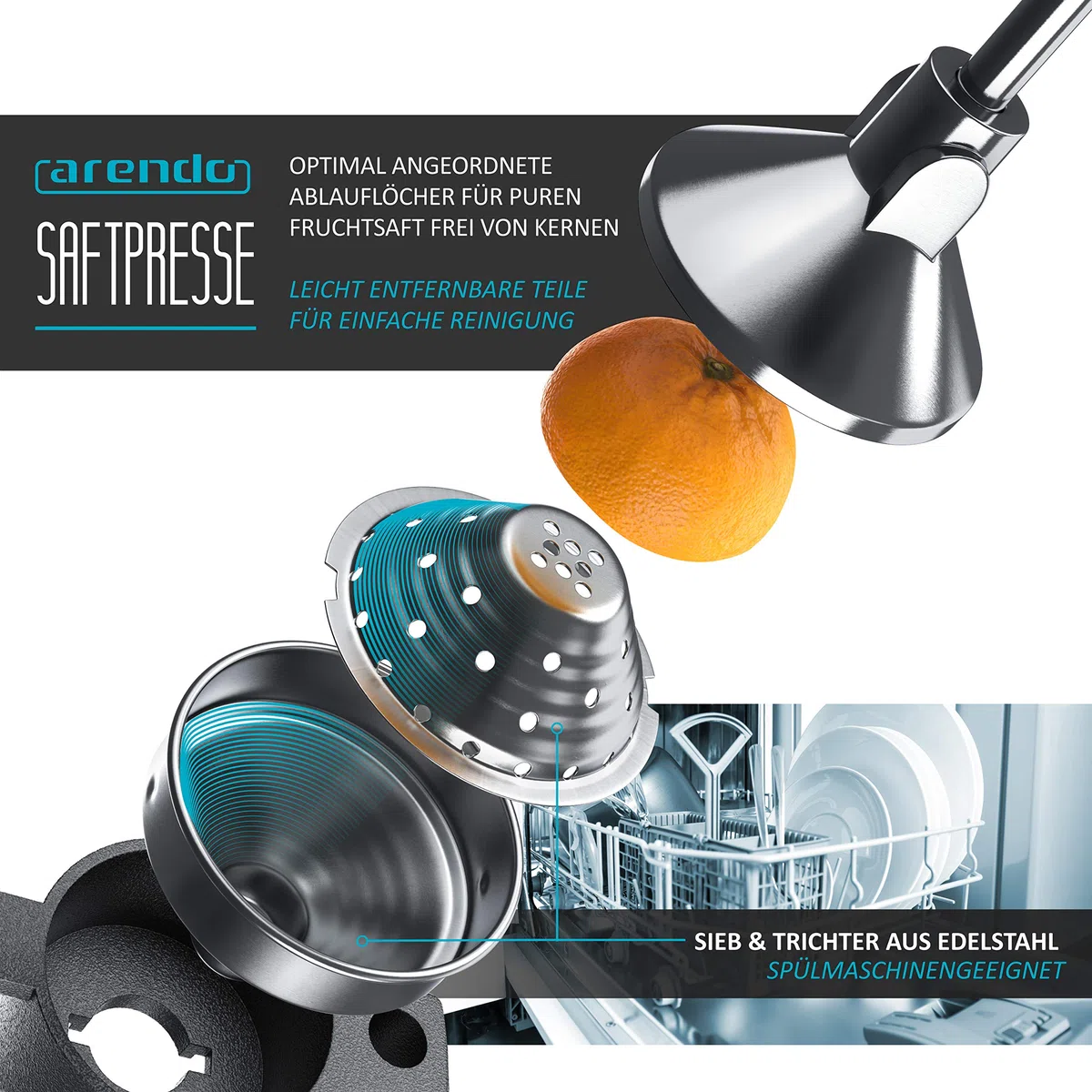Arendo - Manuelle Saftpresse - Zitruspresse und Orangenpresse - Professioneller Zitrus-Entsafter - Edelstahl Zitronenpresse - Hochwertige manuelle Orangensaft- und Limettenpresse