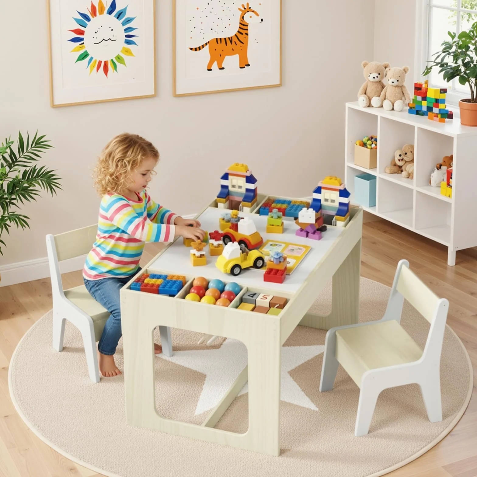 Clevich Kindersitzgruppe mit Stauraum, Kindertisch mit 2 Stühlen, Kinder Tisch Stuhl Set mit wendbarer Tischplatte, Kinderschreibtisch für Kindertagesstätte, für Kinder ab 3 Jahren, Holzfarbe