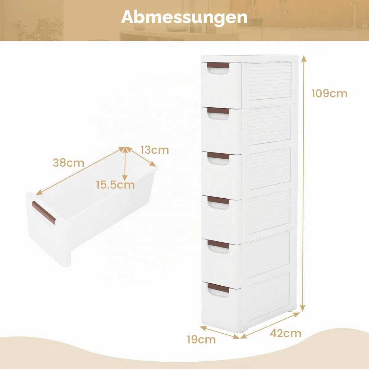 GIANTEX Nischenschrank Nischenregal 19 cm breit, Nischenwagen auf Rollen, Schmaler Rollschrank Rollwagen mit 6 Schubladen, Badschrank Badrollwagen kleiner Schubladenschrank Toilettenschrank für Bad