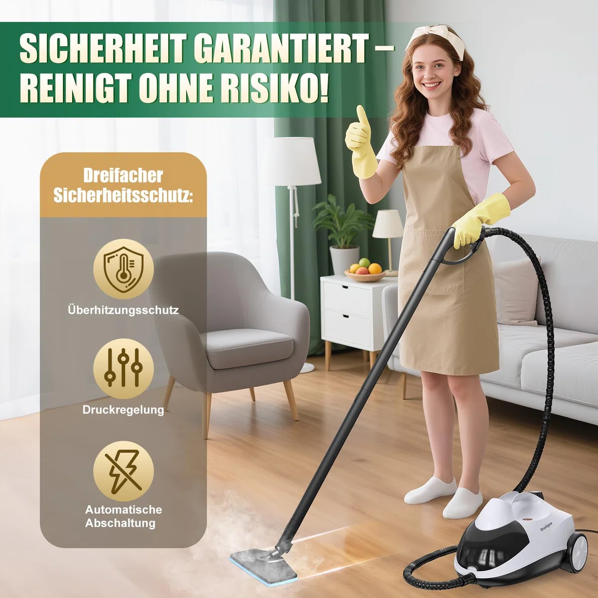 Rolipo Dampfreiniger, Dampfdruck: 4 Bar, Leistung: 2000 W, Tank: Max 2 L, Nutzungsdauer: 40 Minuten, mit Bodenreinigungsset, Düsen und Rundbürste von Böden, Sofas, Polstermöbel und Autos