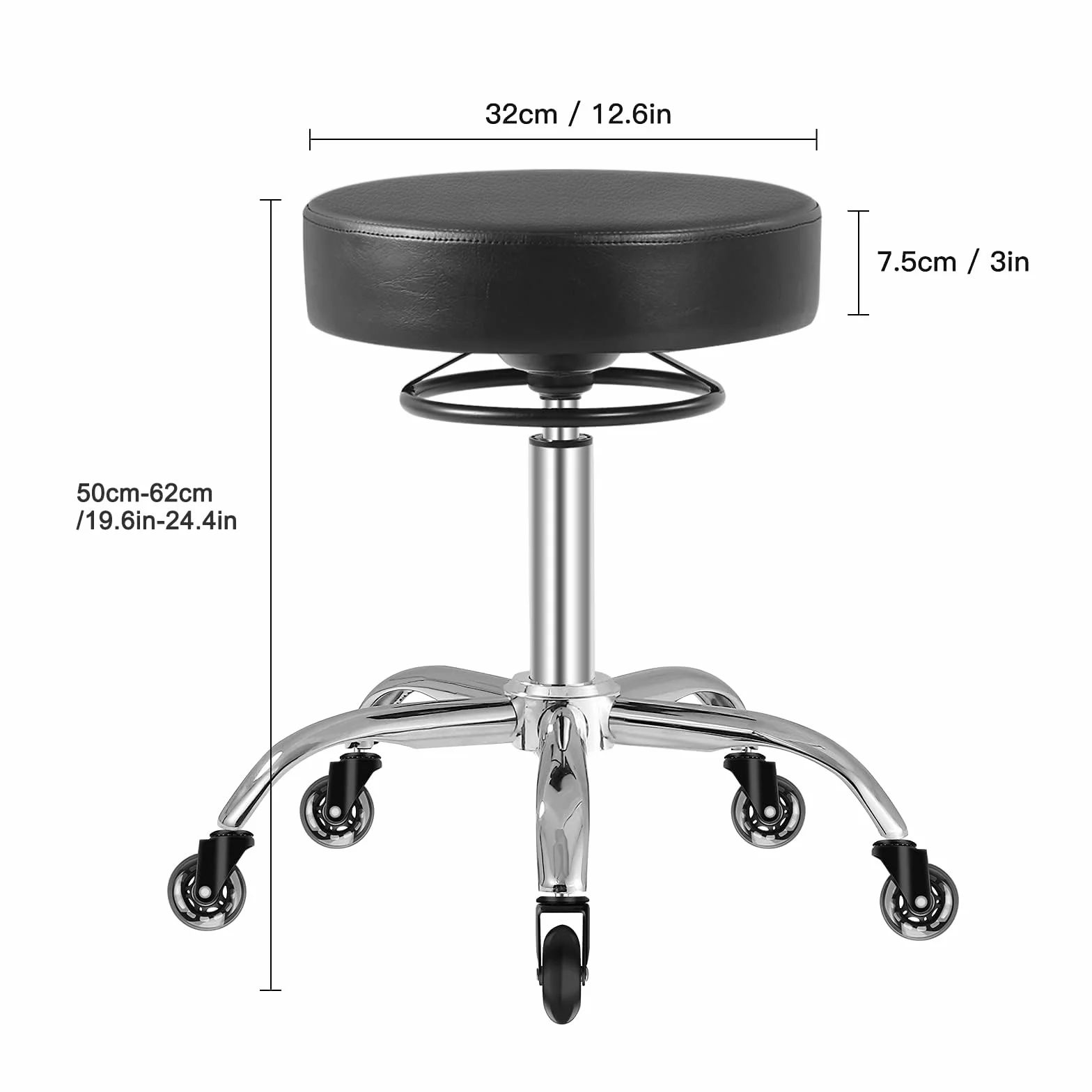 Rollhocker höhenverstellbar mit Rollen - 50-62cm，bis 180 kg belastbare Arbeitshocker，360° Drehhocker Hocker für Salon und Spa,aus Leder Hocker(Schwarz)