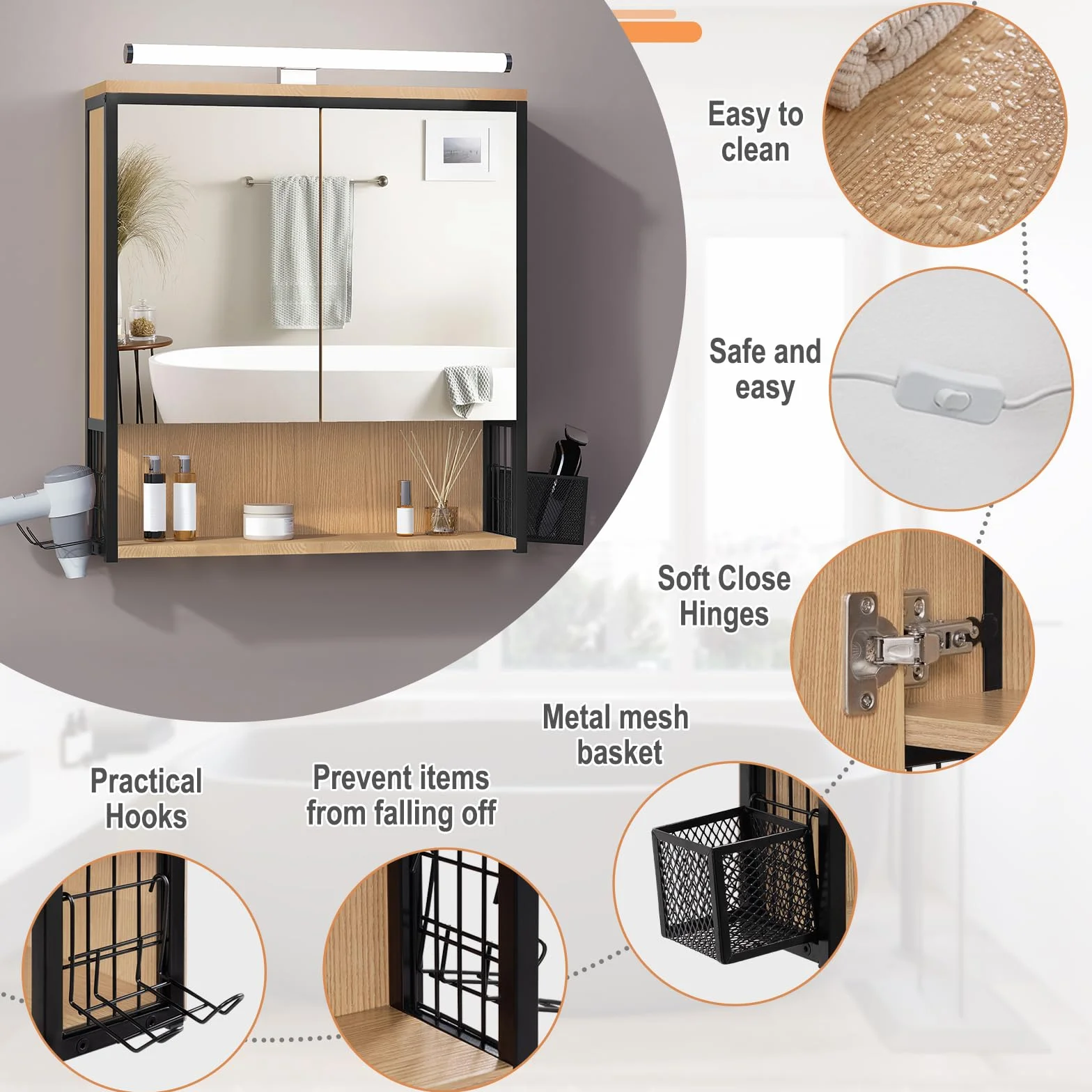 EUGAD Spiegelschrank Bad mit Beleuchtung, Badezimmerschrank mit Spiegel, Badschrank hängend, mit Verstellbarer Ablage Halter Korb, aus Metall MDF, schwarz + helle Eiche