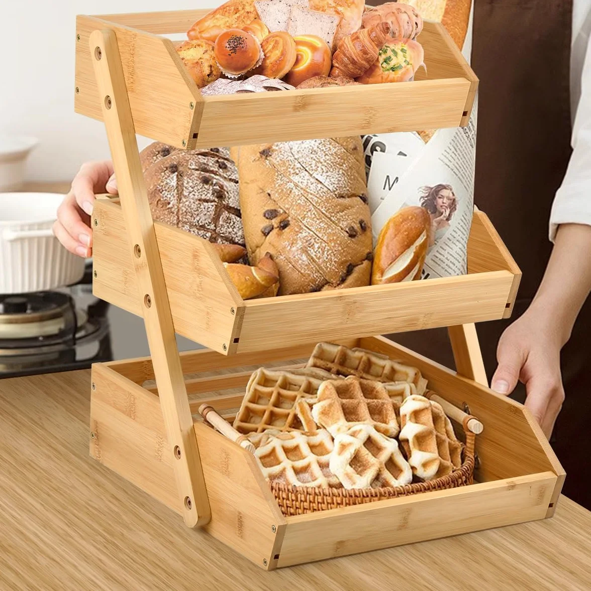 Obstkorb Bambus, Obst Etagere 3 Stöckig Obst Etagere Holz, Bambus Obstkorb 3 Etagen Abnehmbarer Obstständer Obstschalenhalter für Theke für Gemüse, Brot, Snack