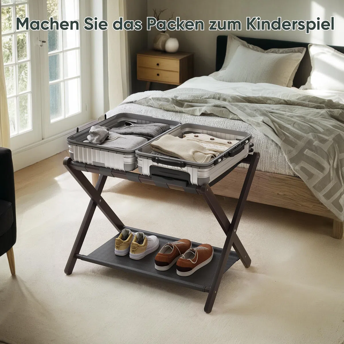Semiocthome Kofferständer, 2er-Set, Faltbarer Gepäckträger aus Bambus mit Ablage für Gästezimmer, Schlafzimmer, Hotel, HBT: 52 x 67 x 45 cm - Braun
