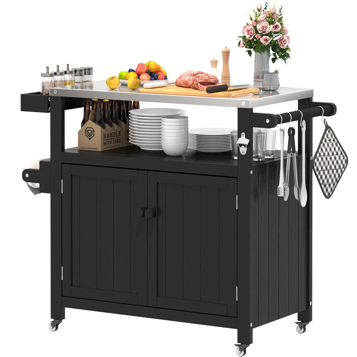 Outdoor Kücheninsel Mit Rollen - Mobile Grillwagen, Außen-Küchenwagen Mit Ablagefach & Arbeitsfläche, Tragbarer Aufbewahrungsschrank Für Garten, Terrasse, Camping & Picknick (Schwarz)