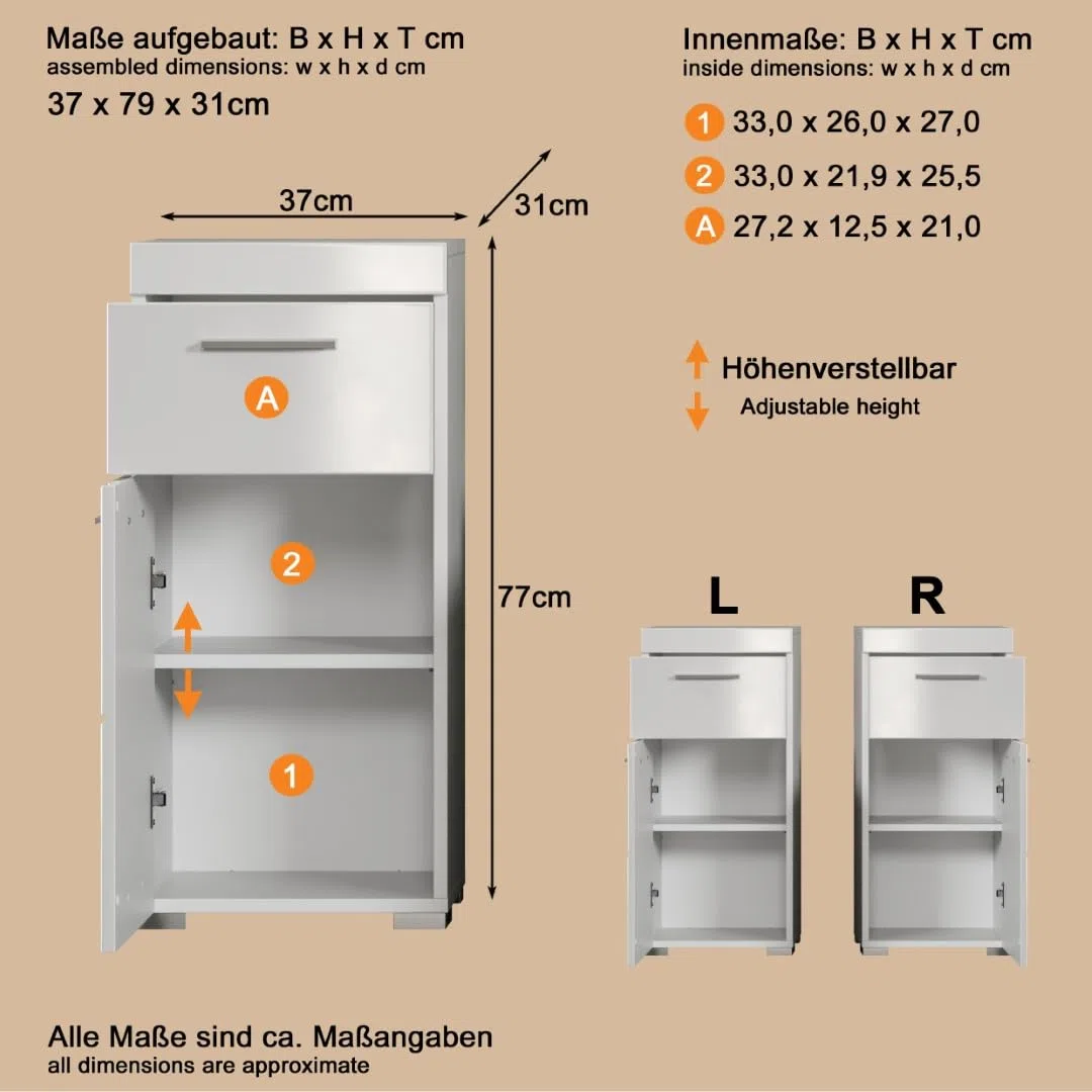 trendteam smart living - Amanda - Kommode - Weiß Hochglanz - Standschrank - (BxHxT) 37 x 79 x 31 cm - Badschrank mit 1 Tür und 1 Schublade - silberfarbene Griffe - universal einsetzbar - Kratzfest