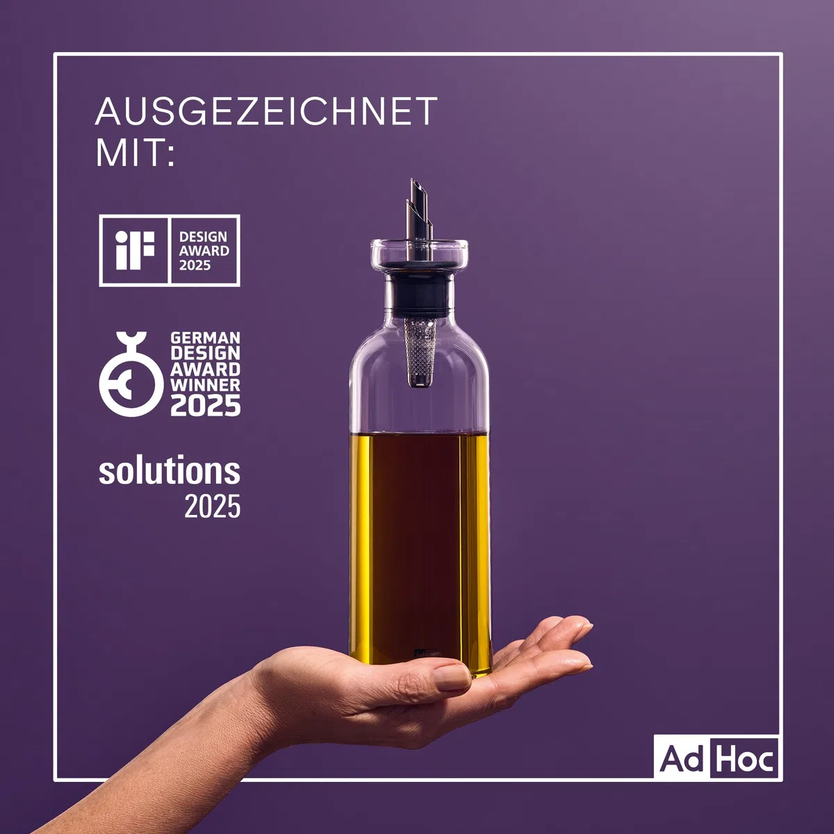 AdHoc BZ82 Set Ölspender oder Essigspender AromaPour aus Glas | elegante Olivenölflasche mit Ausgießer aus Edelstahl | ideal auch für Kürbiskern-Öl oder Essig | luftdicht, 500 ml