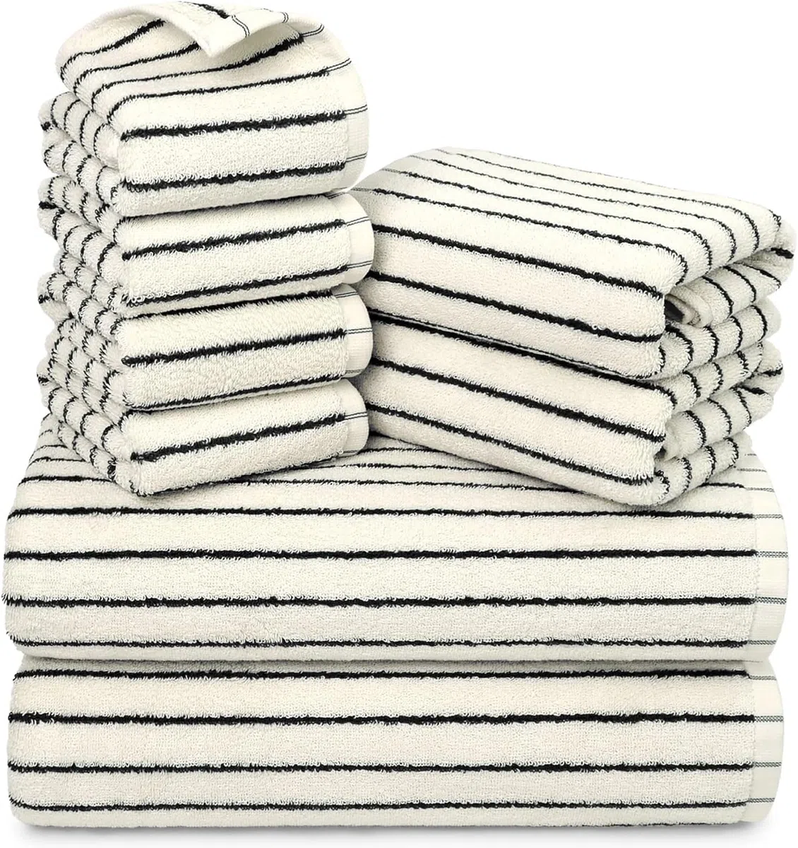 Handtuch-Set, 8-teilig, superweiche und saugfähige Baumwolle, gestreift, für Badezimmerdekoration, 2 Badewannen, 2 Hände, 4 Waschlappen, Schwarz und Weiß
