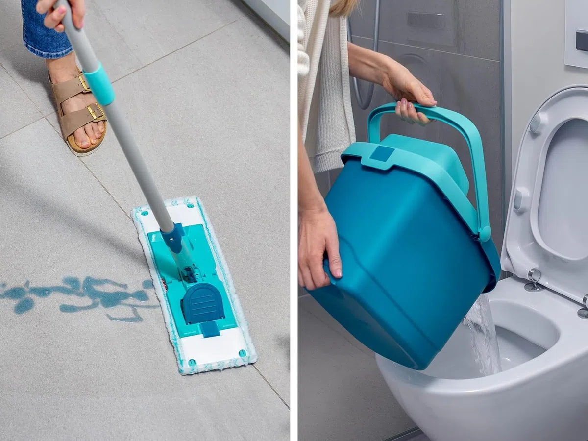 Leifheit Set Power CLEAN, Wischer,rückenschonender Bodenwischer mit Reinigungsklingen, Wischtuchpresse, Wischmopp Set mit Eimer und 2X Mikrofaser Wischbezüge für alle Hartböden, Click-System