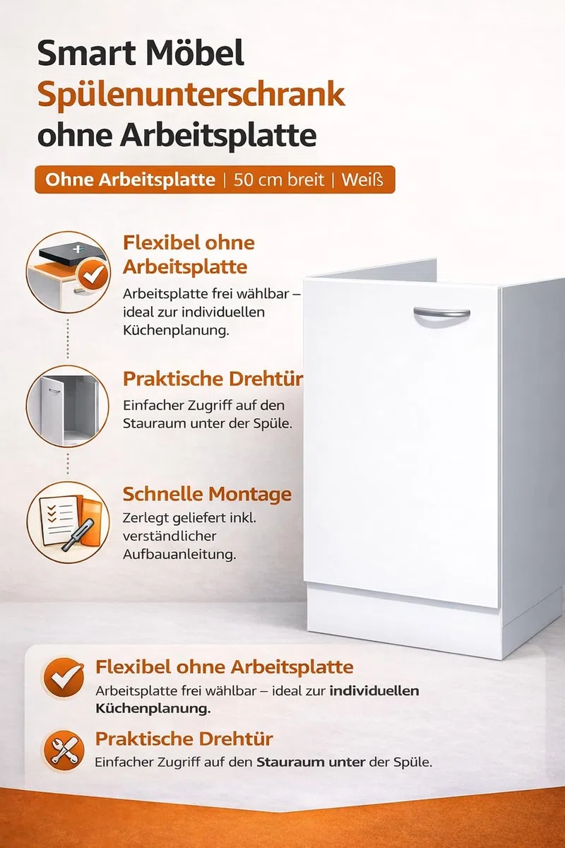 Smart Möbel Witus Spülenunterschrank 50 cm in Weiß – Küchenunterschrank ohne Arbeitsplatte