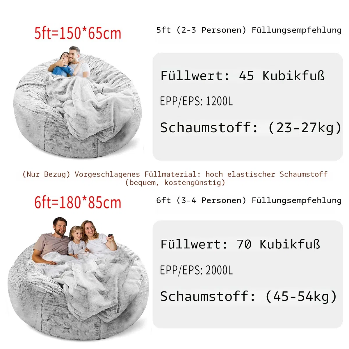 YudouTech Sitzsack Stuhl Abdeckung (nur Abdeckung, Keine Füllung),Großer runder weicher Flauschiger waschbarer Sitzsack Faulenzer-Sofa-Bettbezug für Erwachsene,Wohnzimmer Schlafzimmer Möbel Cover.