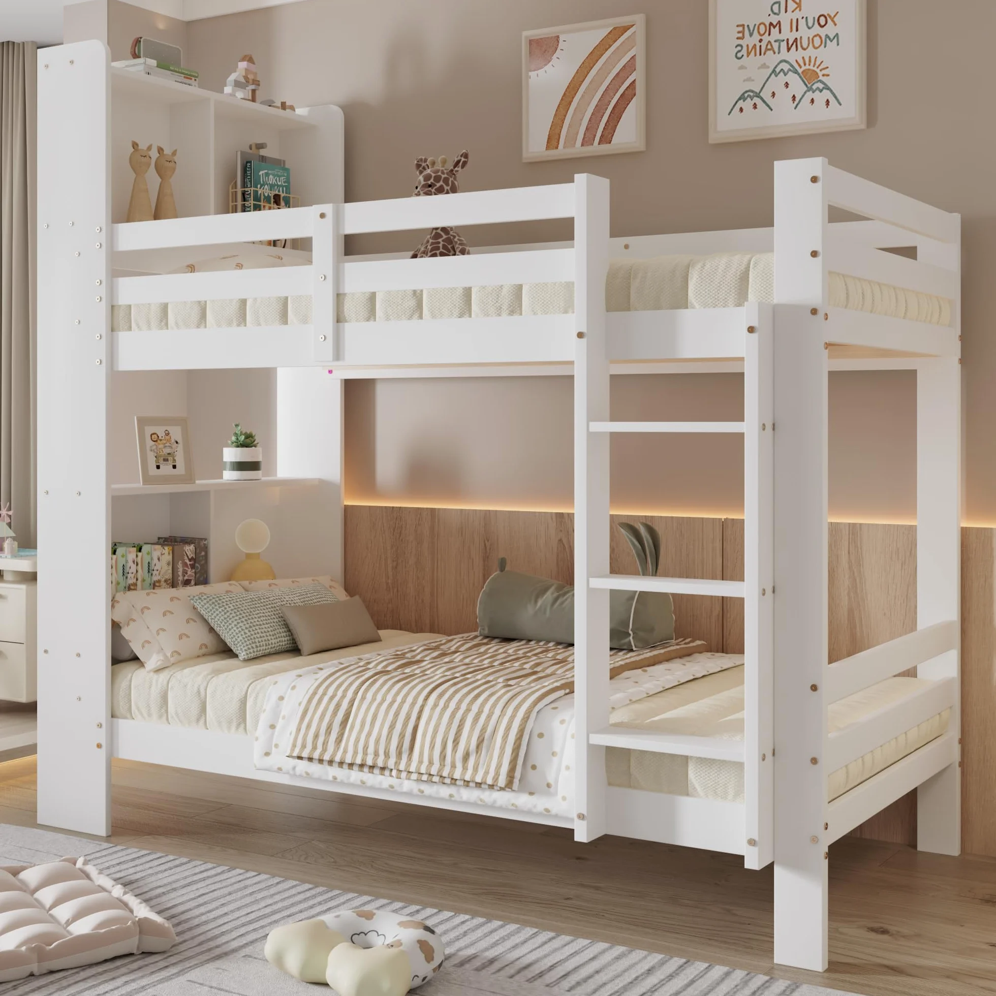 Etagenbett Kinderbett 90x200 cm, Hochbett mit Stauraum Regalen und Leiter, Modern Doppelbett für 2 Kinder mit Rausfallschutz, Weiß