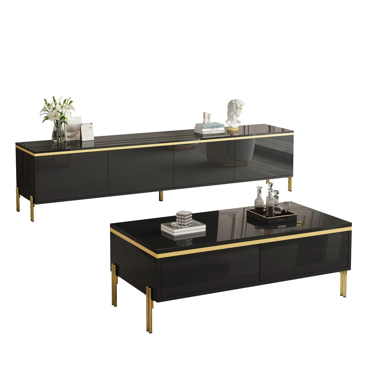 Luxus-TV-Schrank und Couchtisch-Set Hochglanz Schwarz Goldene Kanten