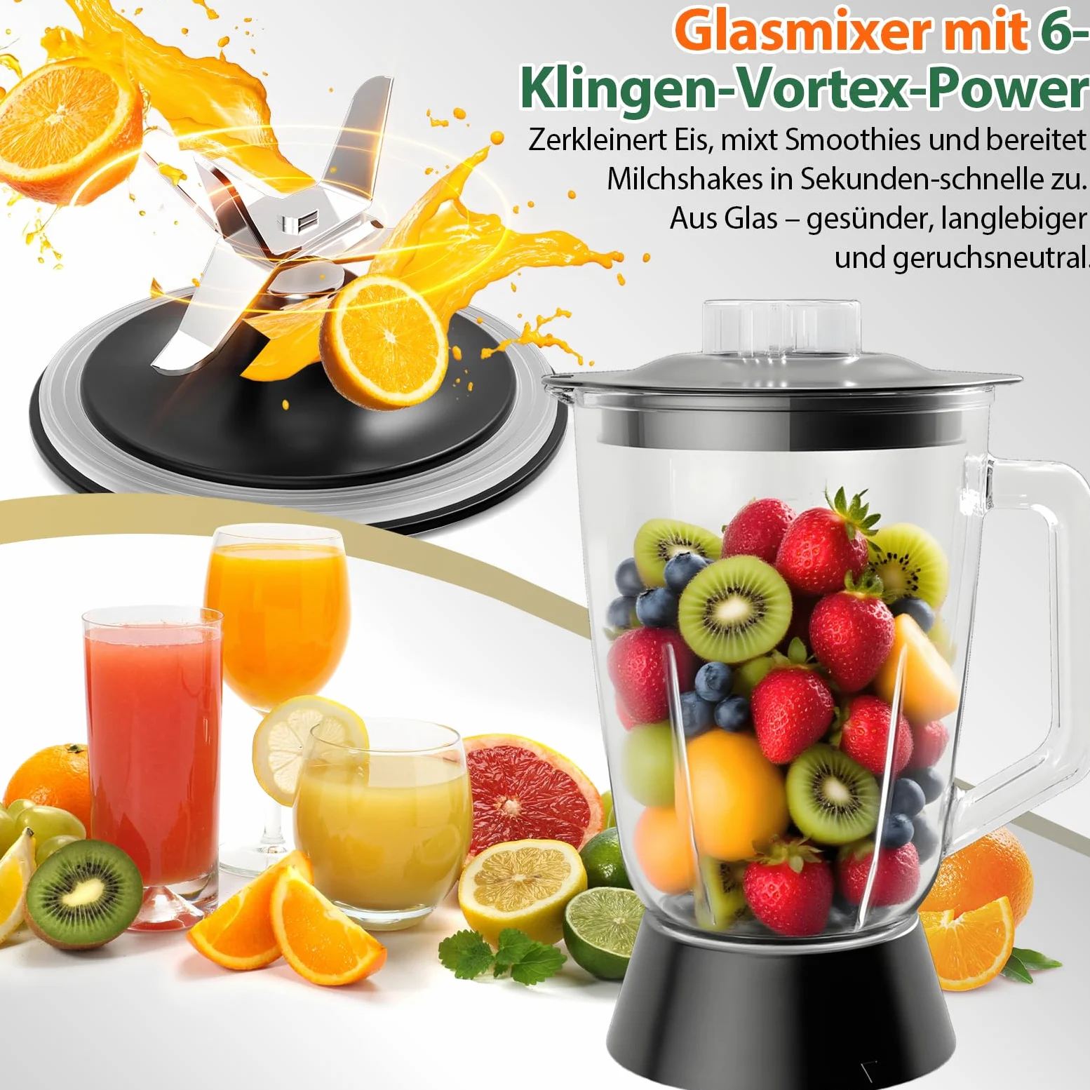 1500W Küchenmaschine und Mixer Kombination, 2,5L Zerkleinerer für Fleisch, Gemüse und Teig, 2L Standmixer mit Glasbehälter, 2 Geschwindigkeitsstufen&Pulsfunktion für Smoothies, Saft usw.