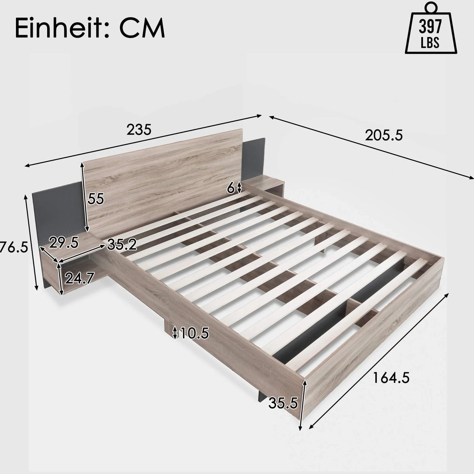 Stilvolle Doppelbett Bettanlage 160 x 200 cm, Mit 2 Nachtkommoden Modernes Bett inkl, Schlafzimmer Komplett Set-205.5x235x76.5 cm(T/B/H) Set in Eiche Sonoma (Ohne Matratze)