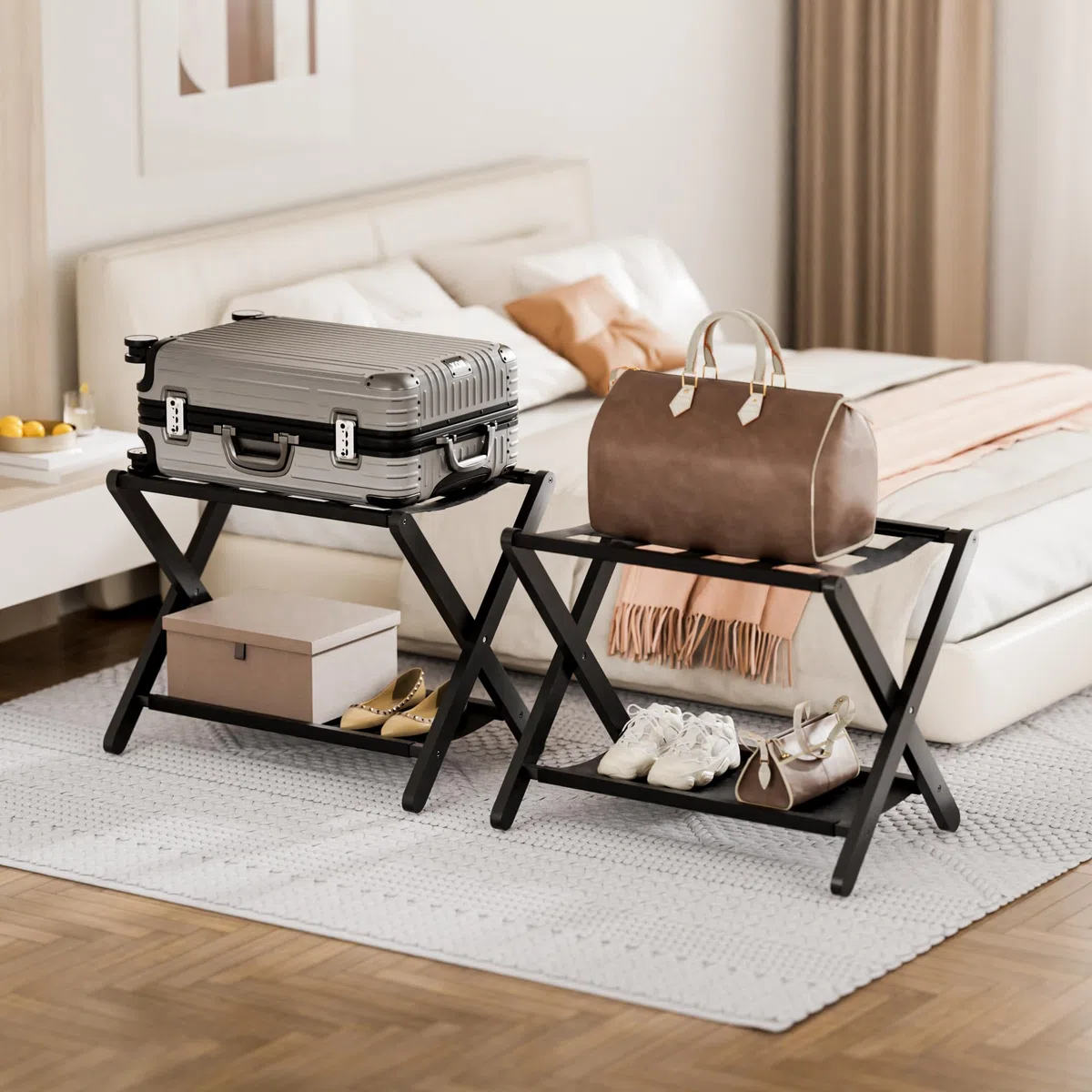 HITNET Kofferständer Klappbar 2er set, Bambus-Gepäckträger für Gästezimmer, Kofferablage mit Stoffablage, Kofferhocker für Hotel und Schlafzimmer bis 60kg, Schwarz