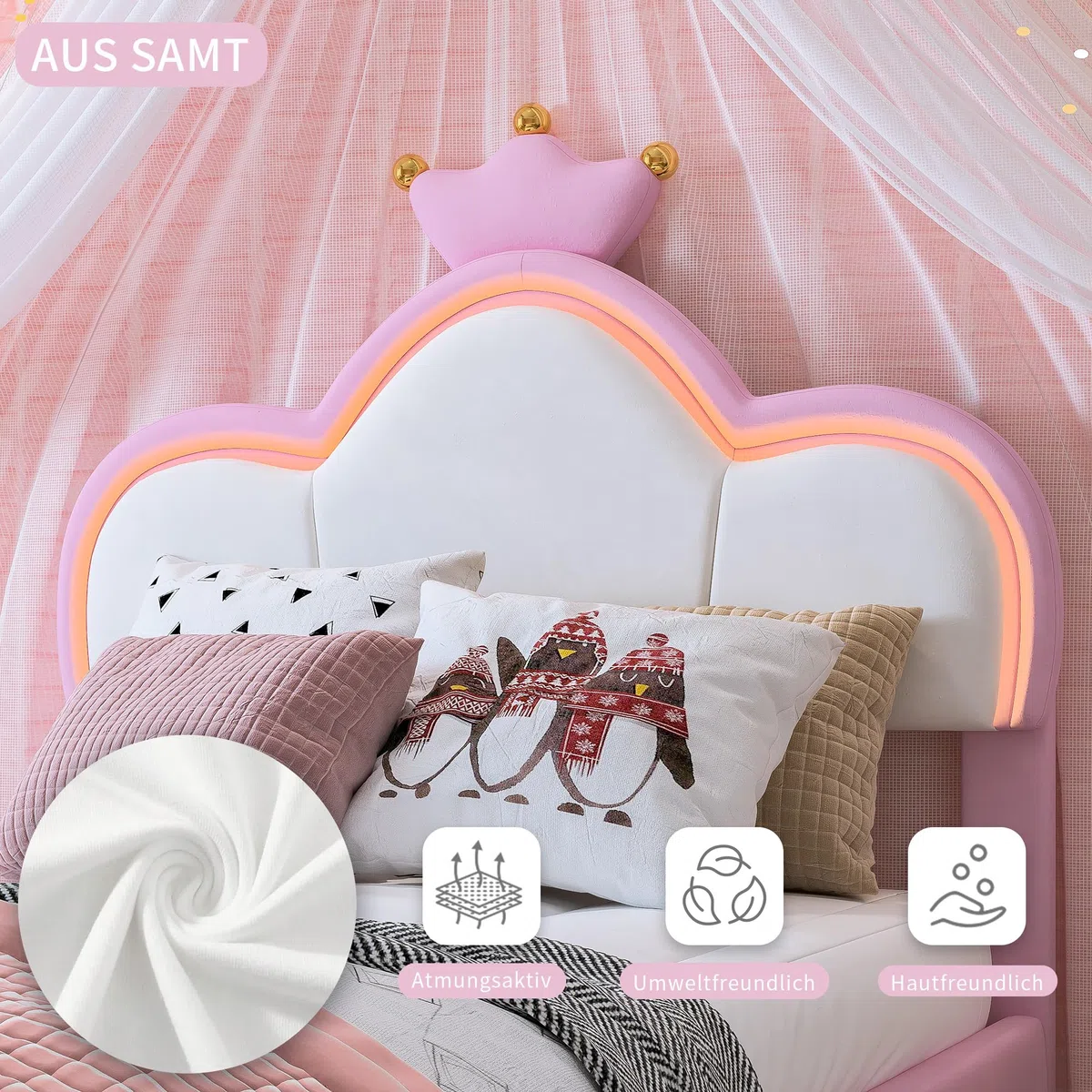 Polsterbett Einzelbett 90x200 cm Kinderbett mit LED Beleuchtung App-Steuerung Krone-Design Samt Rosa Weiß