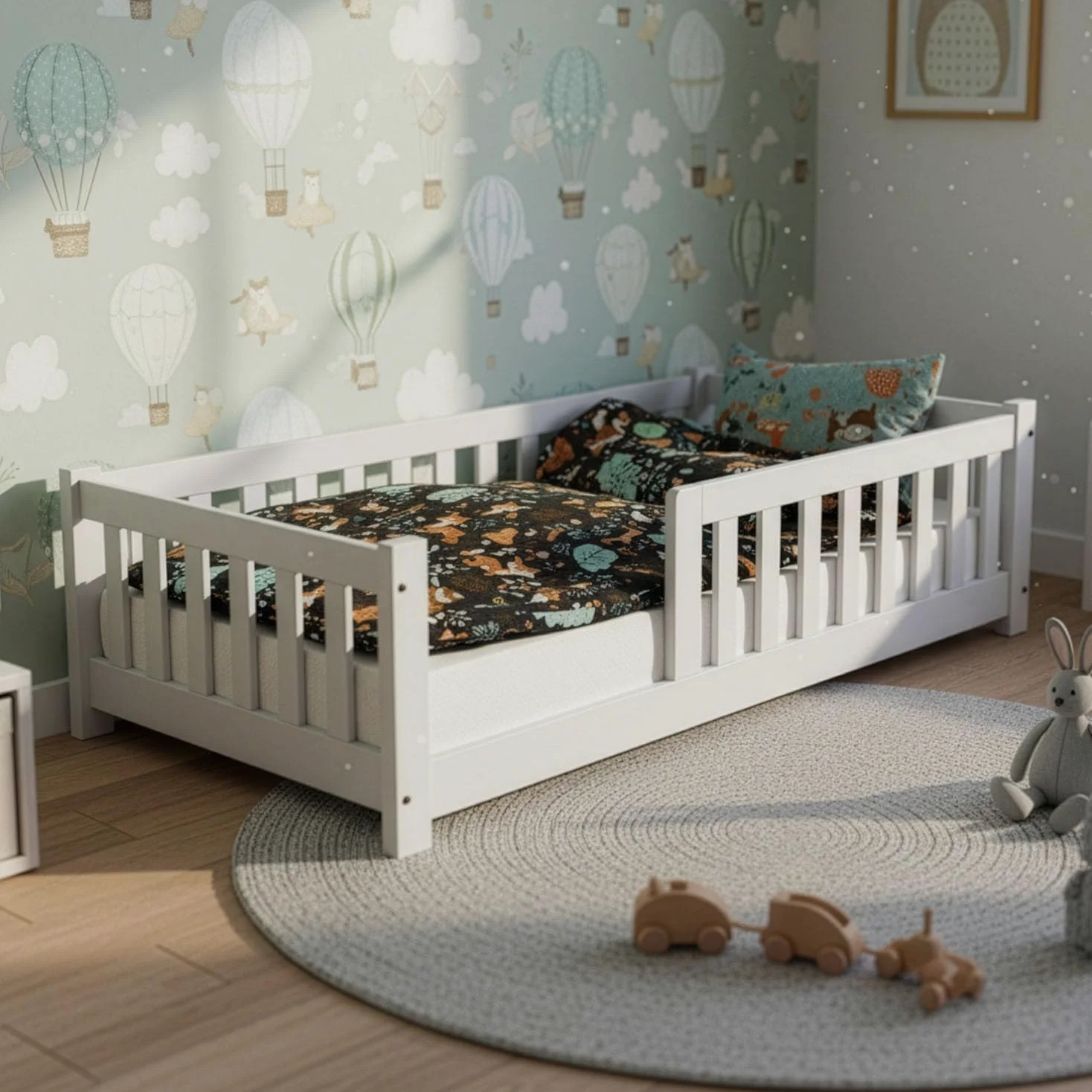 Juskys Kinderbett Naya - 80x160 cm Bett mit Rausfallschutz & Lattenrost - Holz Bodenbett für Kinder 3-10 Jahre - modernes Bettgestell Weiß