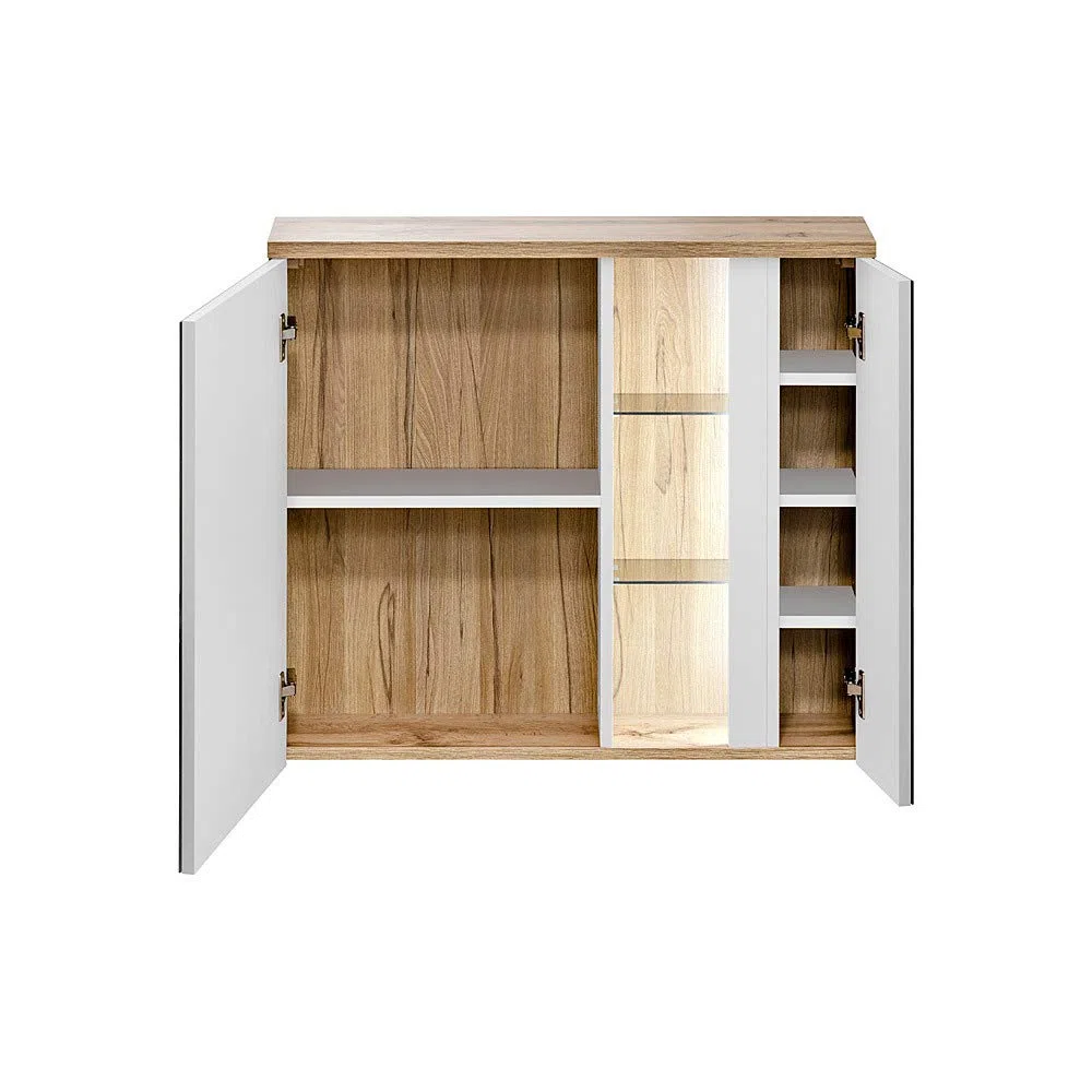 Lomadox Badmöbel Komplett Set, 80cm Unterschrank mit Keramik Waschbecken, Hochglanz weiß mit Wotaneiche, 2 Hochschränke und LED-Spiegelschrank