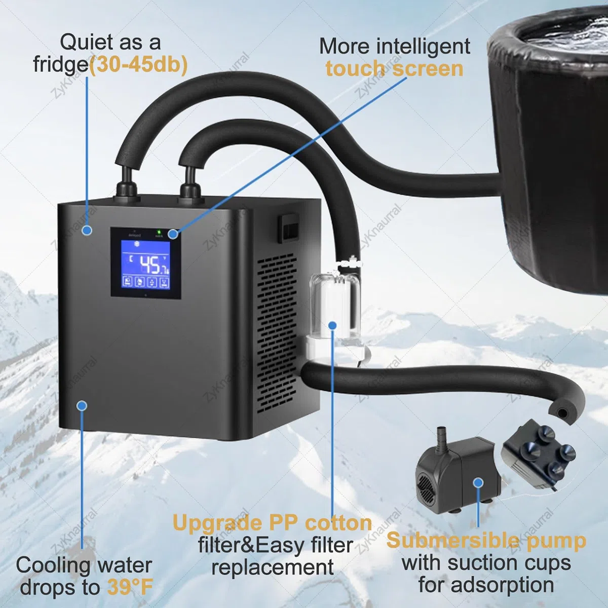 Eisbadkühler, 1/3 Ps Kaltwasserkühler Mit Externem Filter Und Pumpe, Isolierte Schläuche Verbessern Die Kühlleistung, Erholungswasserkühler Für Sportler DoublePumps