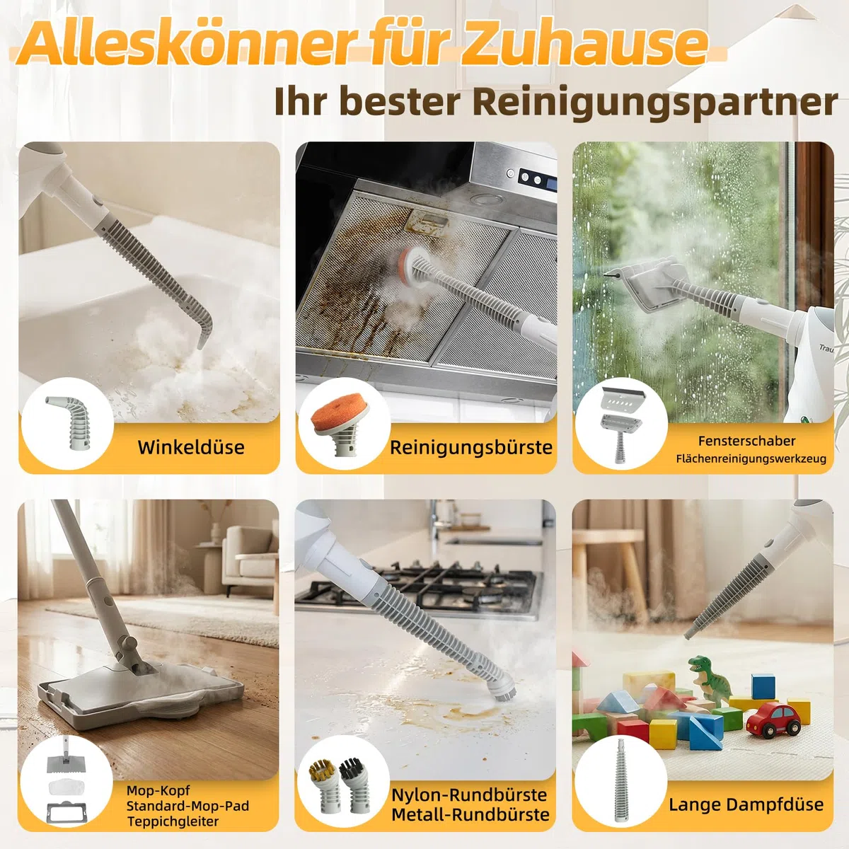 Dampfreiniger, 10-in-1 Handdampfreiniger, 15S Schnelle Aufheizung Dampfwischer, 450 ml Druck-Mehrzweckdampfreiniger, 1500 W, chemikalienfreier für den Heimgebrauch, Reinigung von Böden, Fliesen, Fenst