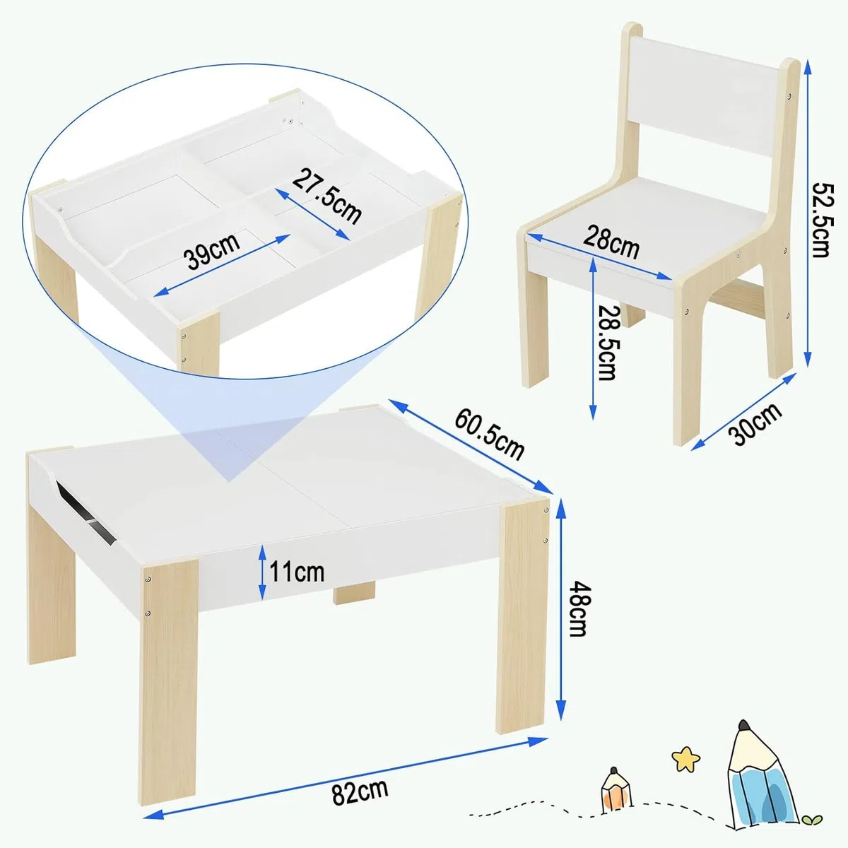 Lestarain Kindertisch mit 2 Stühlen, Kindertisch mit Stauraum, Maltisch für Kinder, Kindersitzgruppe mit wendbarer & abnembarer Tischplatte, Kindermöbel Set für Kinderzimmer Kindergärten, Weiss