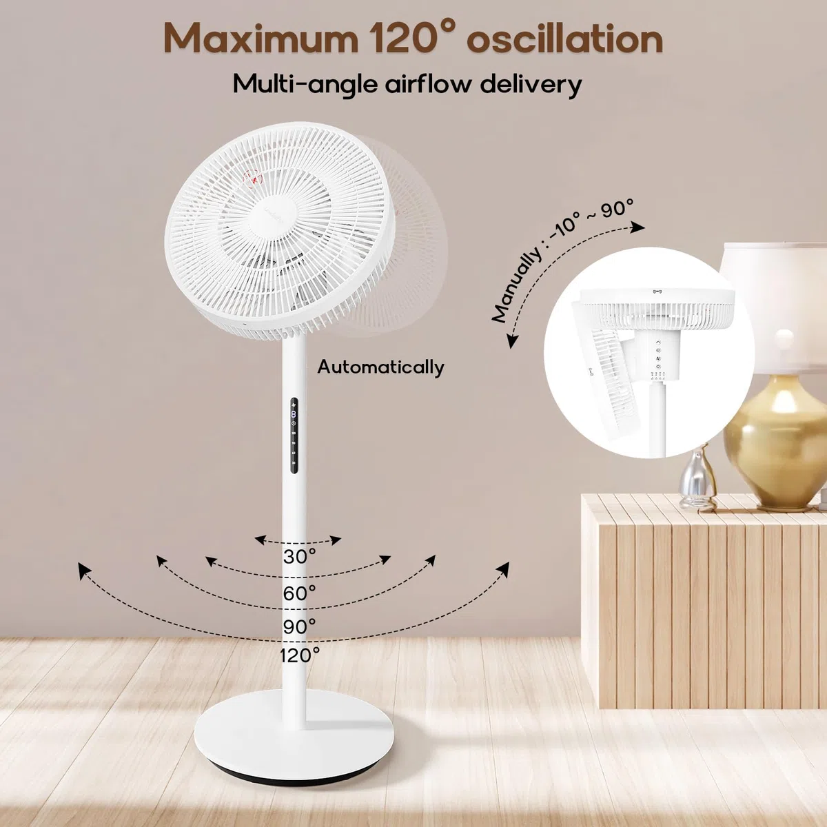 Neu DC Standventilator mit Bildschirm-12.8dB sehr Leise Ventilator mit Fernbedienung, 8 Stufen, Höhenverstellbar, Oszilation 120°, 8H Timer, Ventilator für Schlafzimmer, Wohnzimmer, Küche,Weiß