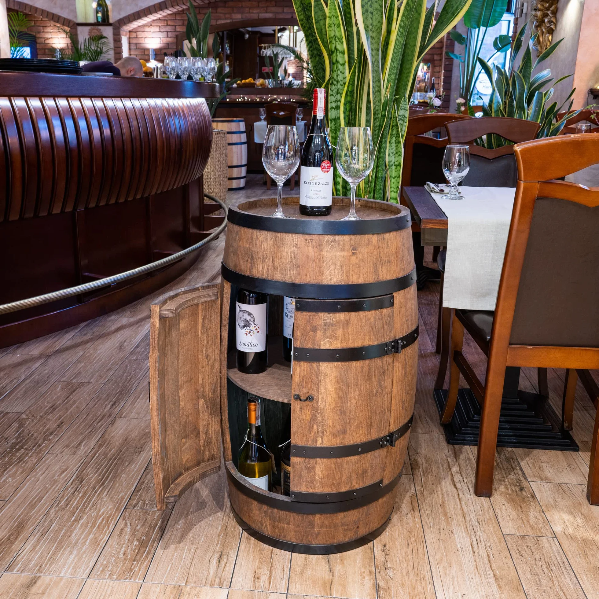CREATIVE COOPER Weinfass Stehtisch mit Tür - Alkoholschrank Flaschenregal Holz Regale - Holzfass - Fassmöbel - Wine Rack - Wineregal - Weinbar - Fass bar mit Tür - Fassbar minibar 80Cm High (Wenge)
