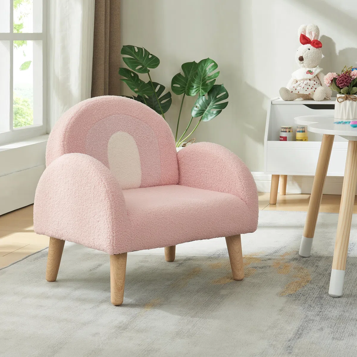 [en.casa] Kindersessel Sorreindi Kinderstuhl ab 2 Jahren Polstersessel max. 45 kg Teddy Sessel Leseecke 50 x 50 x 45 cm Rosa