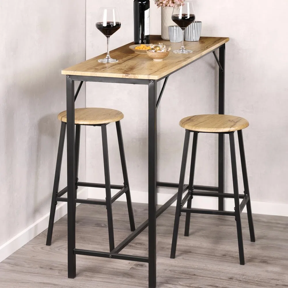 Kesper | Küchenbar 3-teilig | Tisch & 2 Hocker | Metallgestell | FSC®-Faserplatte Eiche-Optik | Platzsparend & stabil | Tisch 110×40×88 cm | 1597813
