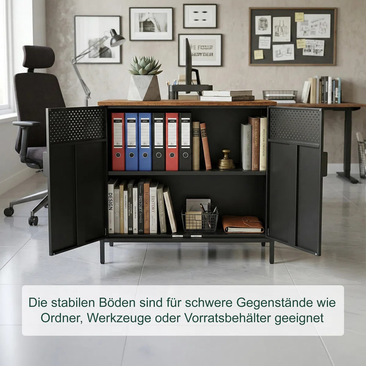 Relaxdays Metallschrank, HxBxT: 77 x 80 x 40 cm, 2 Türen, Verstellbarer Einlegeboden, Büroschrank Metall, schwarz/braun