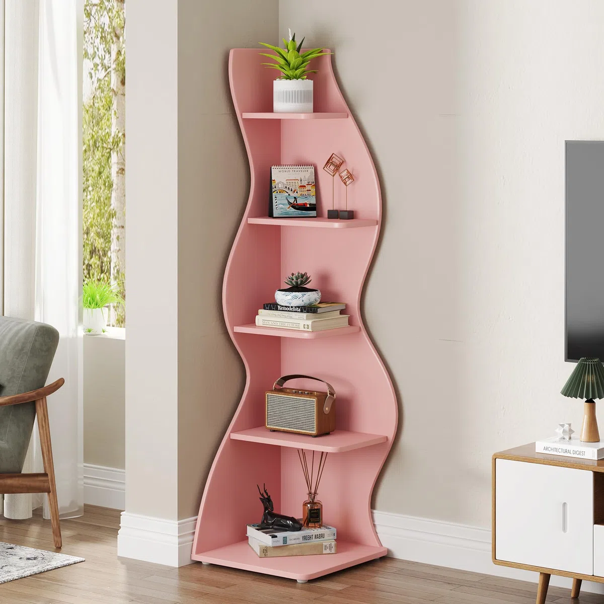 Tribesigns Eckregal, 178 cm hoch, Lagerregal, Bücherregal, Pflanzenständer, Organizer-Einheit, 5 Stufen, Modern, für Zuhause, Büro, Wohnzimmer, Schlafzimmer, Balkon, Rosa, 1 Stück