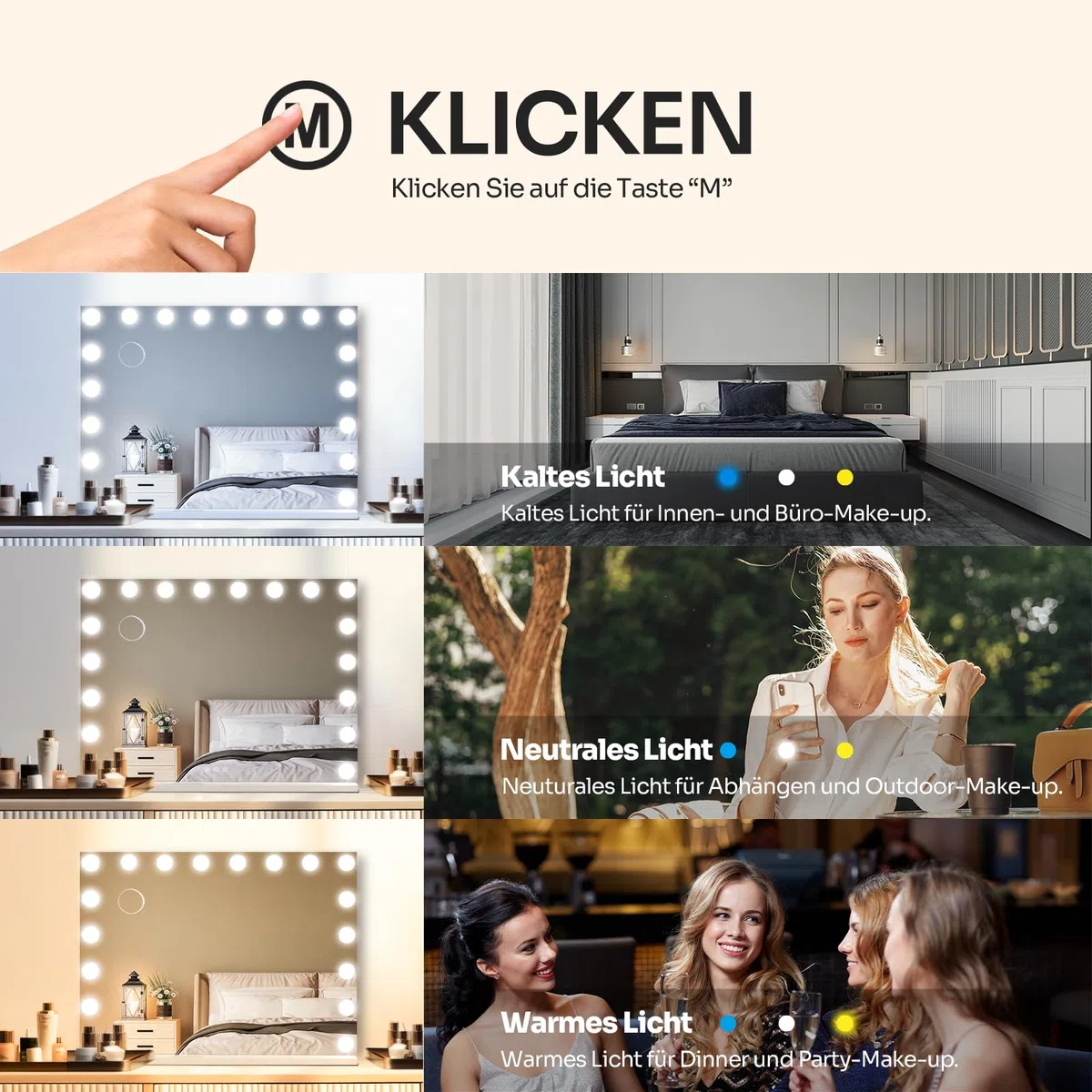 Schminkspiegel mit Beleuchtung 80x60cm Hollywood Spiegel mit Beleuchtung Kosmetikspiegel 18 LED Licht 3 Lichtfarben mit USB 10X Vergrößerung Touch Control Tischplatte (18LED-Weiß)