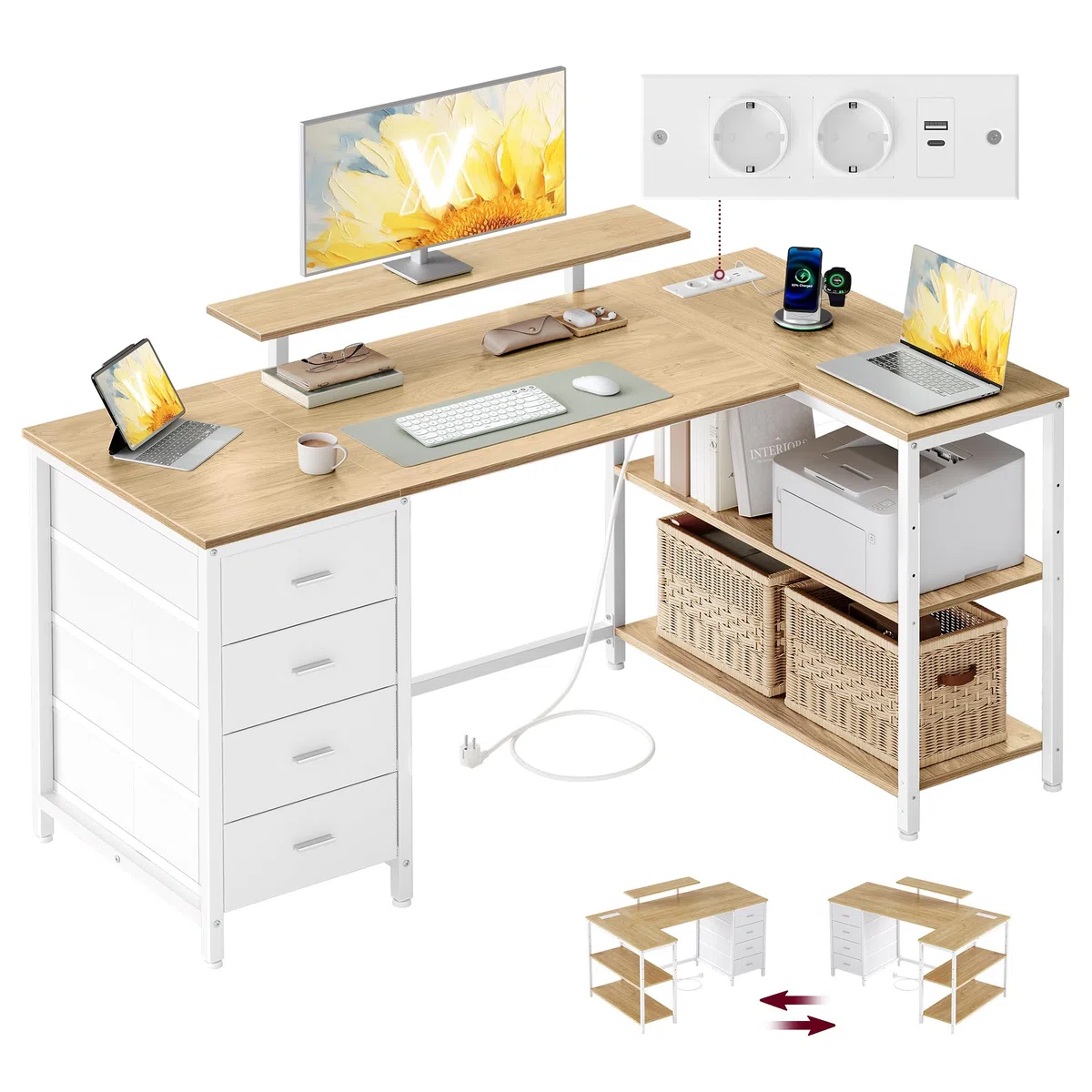 VASAGLE L-förmiger Eckschreibtisch mit Steckdosen, Computertisch, Gaming-Tisch, beidseitig montierbar, verstellbare Ablagen, 4 Schubladen, 2 USB-Anschlüsse, 140 x 80 cm, natureichenfarben LWD172YD01
