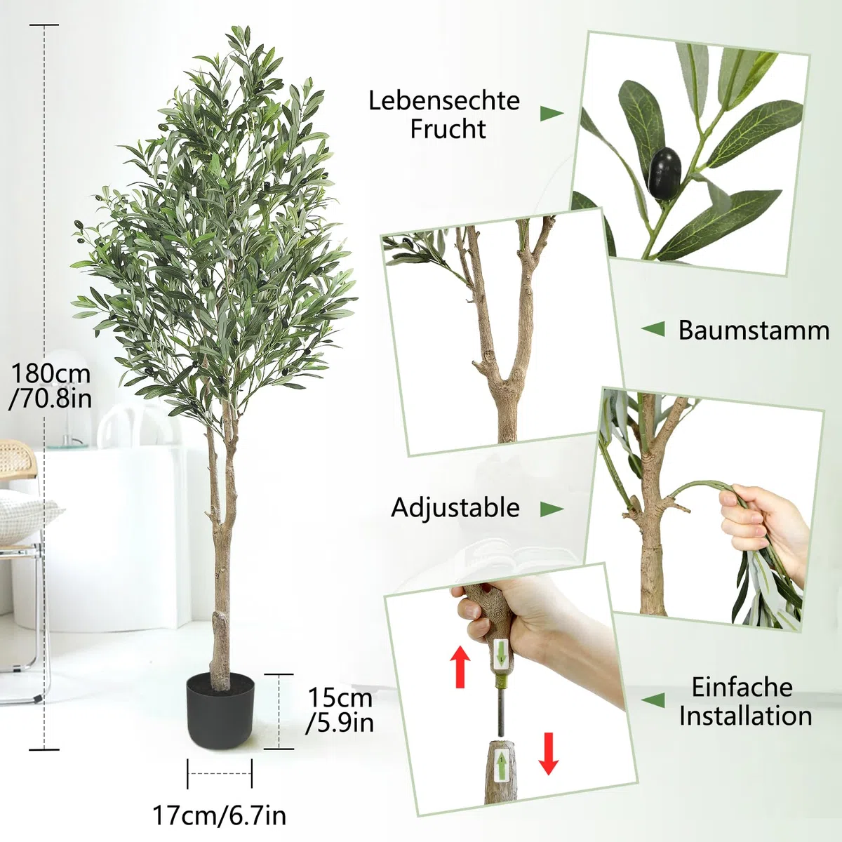 Oc'leaf Olivenbaum Künstlich - 180cm Künstliche Pflanzen Groß Olivenbaumpflanze, Künstlicher Olivenbaum im Topf, Olivenbaum Deko für Zuhause, Wohnzimmer, Schlafzimmer, Büro, Garten
