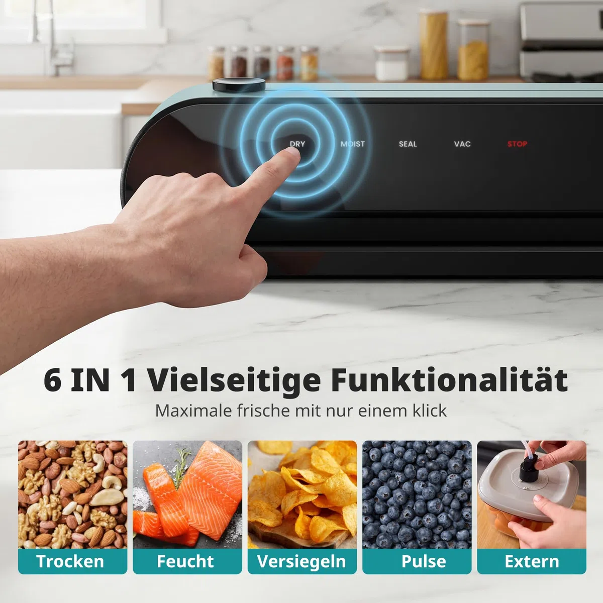 AIRMSEN 6-in-1 Vakuumiergerät Vollautomatisch mit Aufblasfunktion, Leistungsstarke Tiefenabsaugung, Einhand-Bedienung mit Cutter & Schlauchaufbewahrung, Starter-Kit, Mintgrün