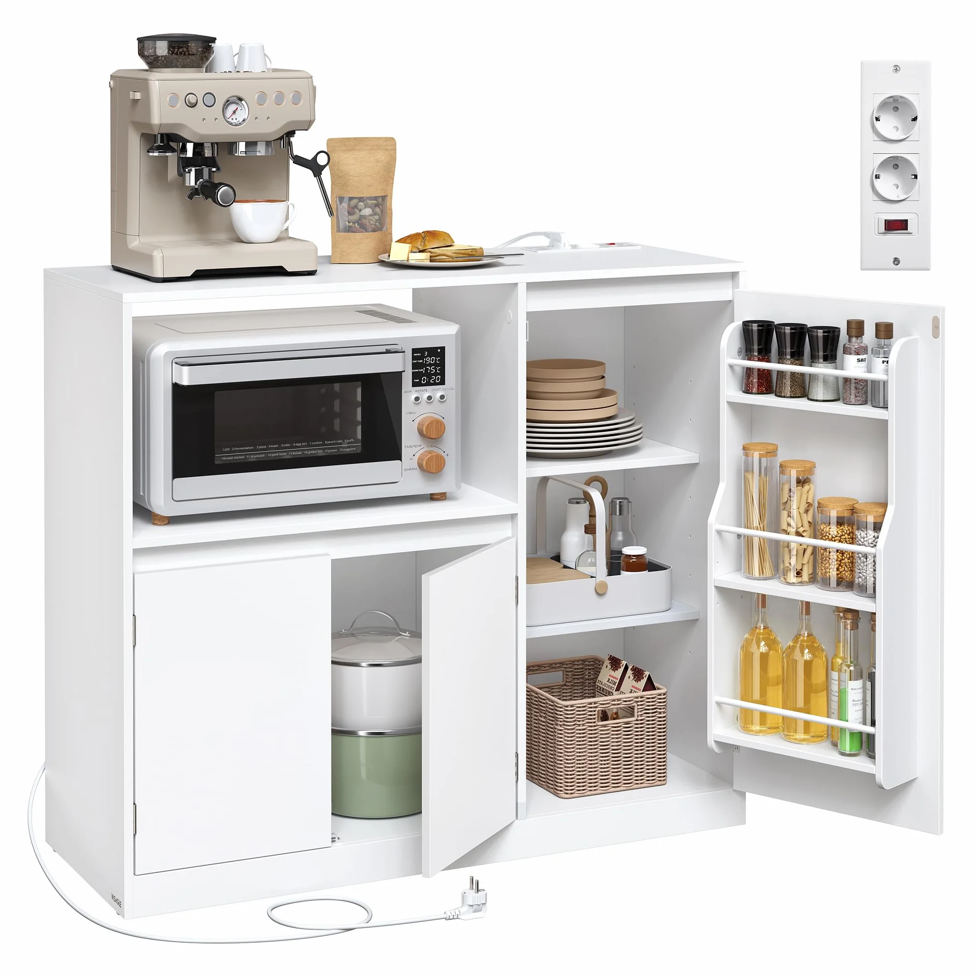 VASAGLE Custos Kollektion - Küchenschrank, Aufbewahrungsschrank, Sideboard mit Arbeitsplatte, Mikrowellenregal, mit 1 offenem Fach, 3 Türen, verstellbaren Ablagen, wolkenweiß BBK373WB01