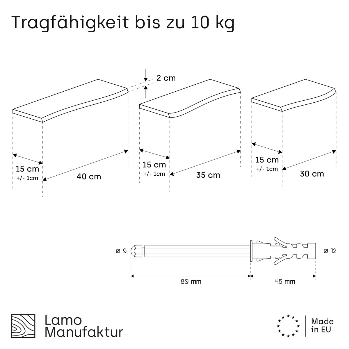 LAMO Manufaktur 3 Stück Wandregal aus Holz mit unsichtbarer Befestigung 40/35/30cm | Wandregal aus 100% echtem Holz | Hängeregal für Wohnzimmer Wandregale Set 1 Baumkante Farbe: Rustikal