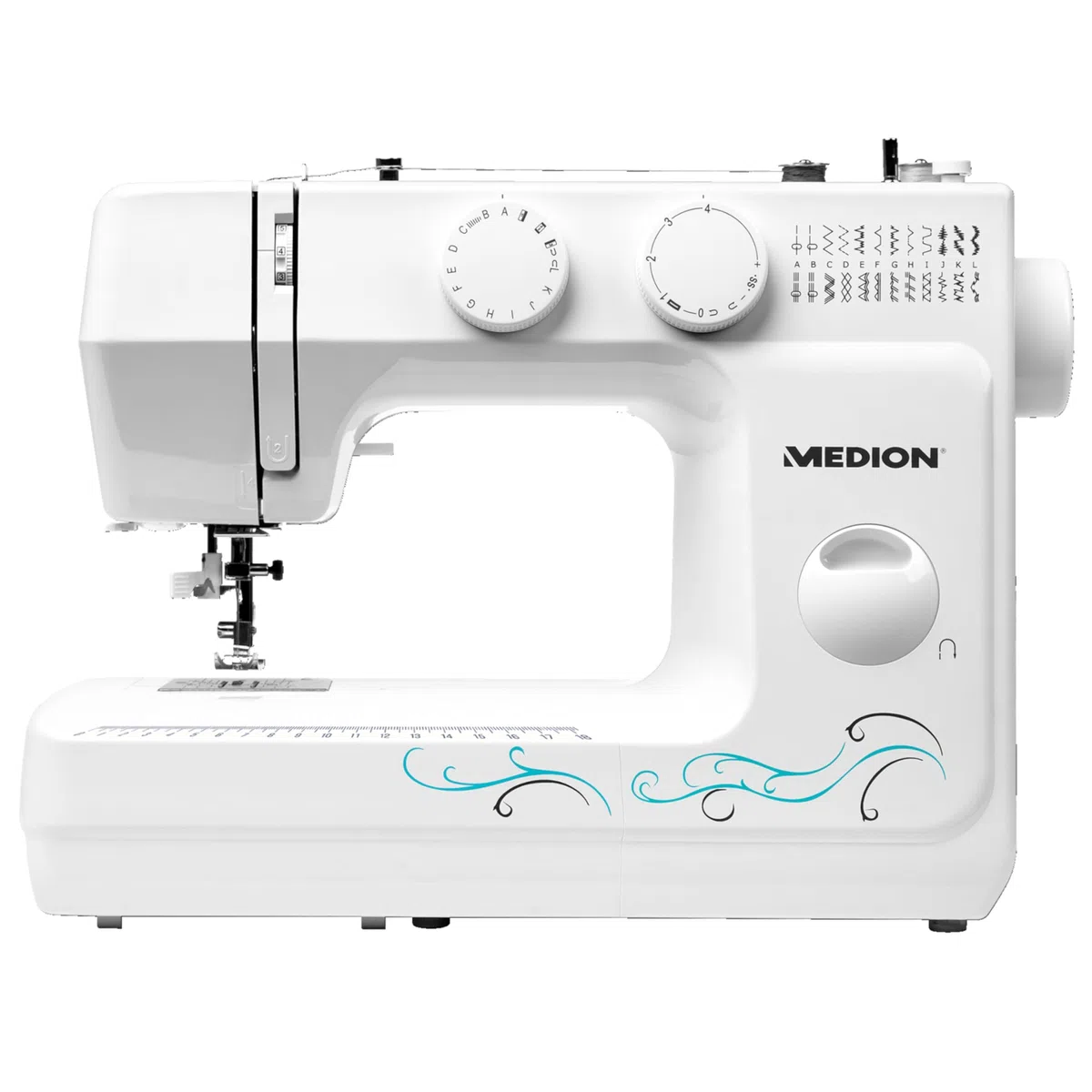 MEDION MD 18205 Freiarmnähmaschine 60 Stichmuster Knopflochautomatik Einfädelautomatik LED-Nählicht weiß