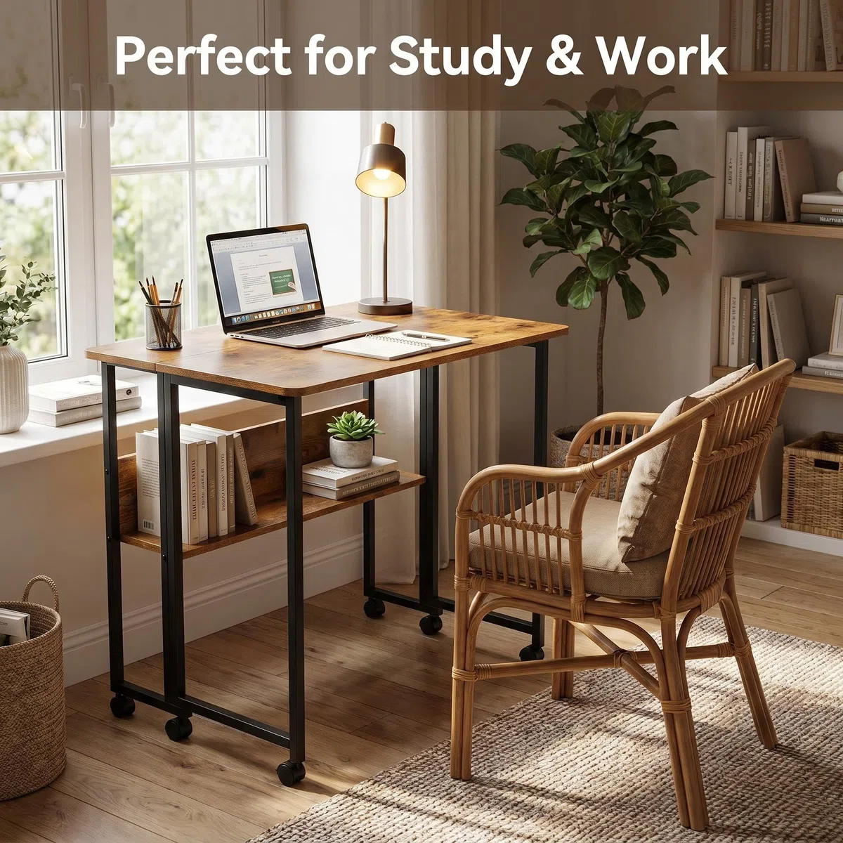 Fiutazge Schreibtisch klappbar, klappschreibtisch mit Rollen, Kleiner Klappbarer Computertisch mit Regal, Beistelltisch, Klapptisch für Home Office, Industrie-Design Dunkelbraun 80 x 58 x 75 cm
