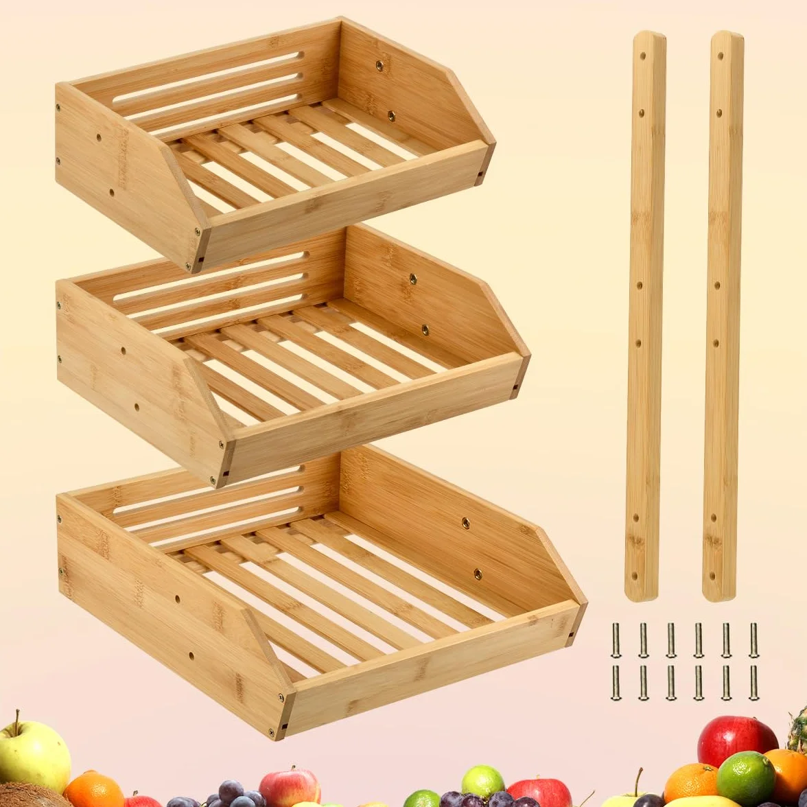 Obstkorb Bambus, Obst Etagere 3 Stöckig Obst Etagere Holz, Bambus Obstkorb 3 Etagen Abnehmbarer Obstständer Obstschalenhalter für Theke für Gemüse, Brot, Snack