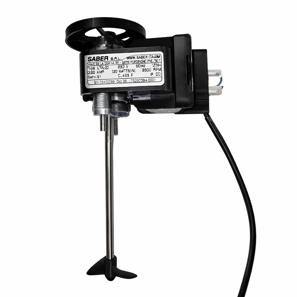 Rührwerksmotor klein von Saber für Zapfanlagen/Nasskühler und Co. Wellenlänge 150mm, Flügel 40mm, Höhe Motor: 62,5 mm