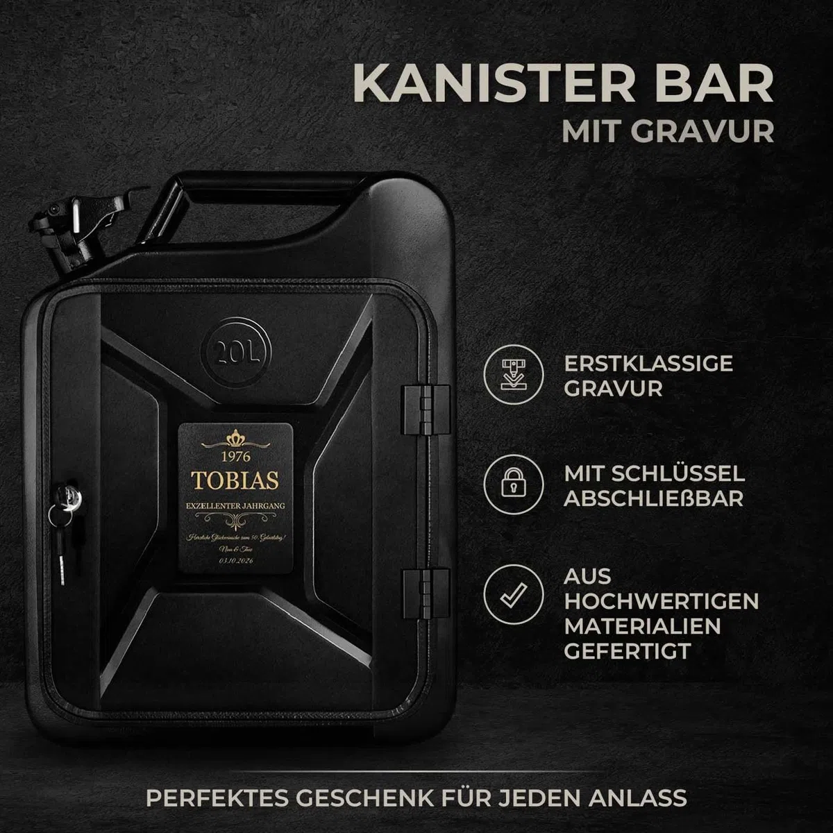 Maverton 20L Kanister Mini Bar mit Gravur - Jerrycan schwarzer Metall Mobile Bar - Geburtstagsgeschenk für Männer personalisierte Geschenke für Männer - Abschließbarer Minibar - Größe: 36x47x18cm