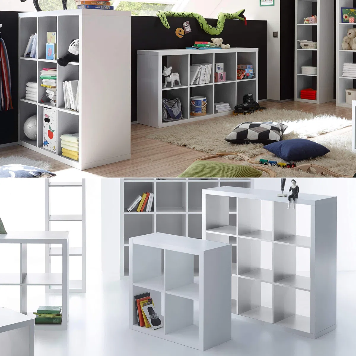 STYLE Modernes Würfelregal Weiß, ideal für Faltboxen - Praktisches Raumteiler Regal mit offenen Fächern - 112 x 112 x 38 cm (B/H/T)