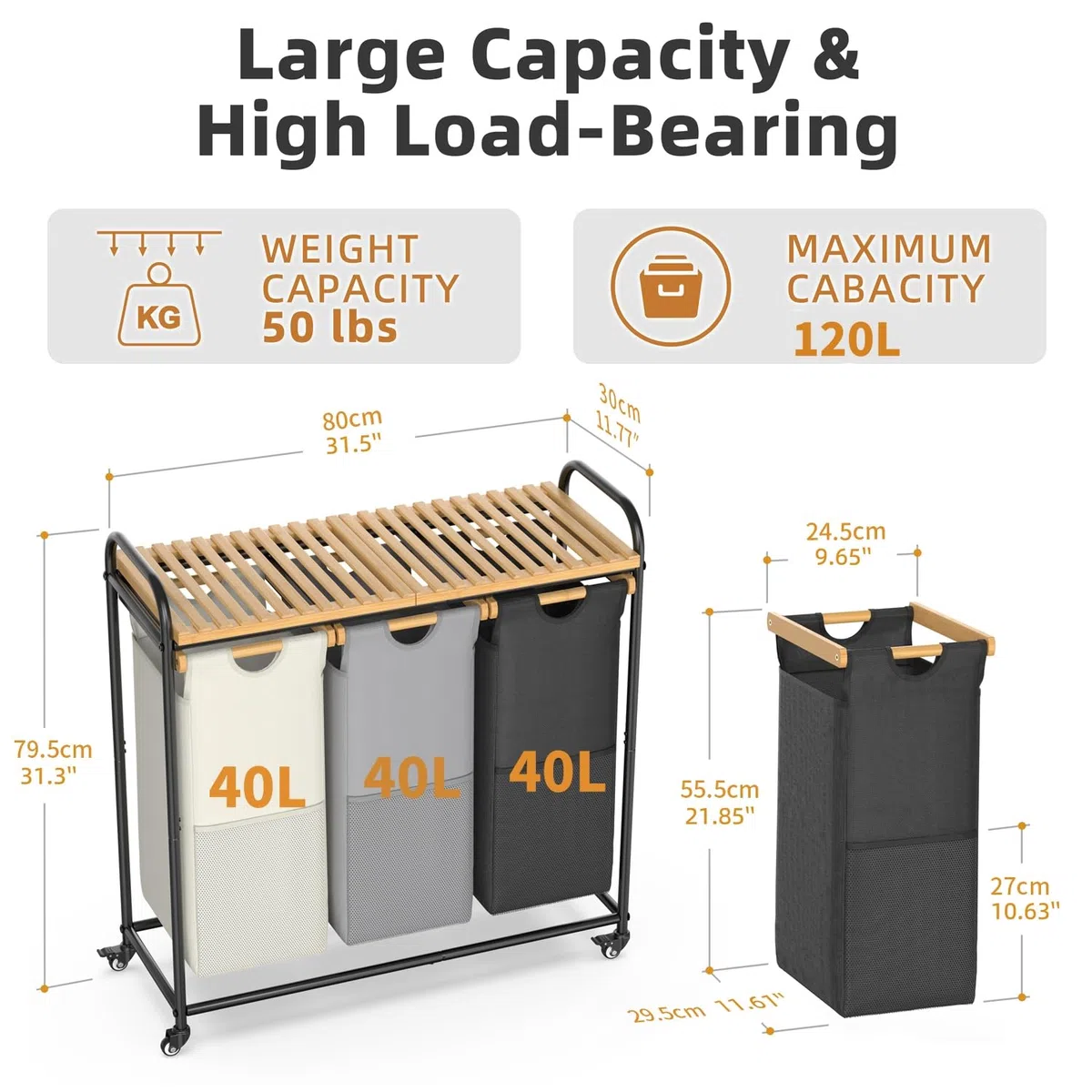 BambooHomie Wäschekörbe 3 Abschnitt, Wäschesortierer mit entnehmbarem Regal und herausziehbaren Taschen, Wäschekörbe mit Rollwagenkorb für Waschküche Badezimmer, 3 x 40 L (Schwarz Weiß Grau)