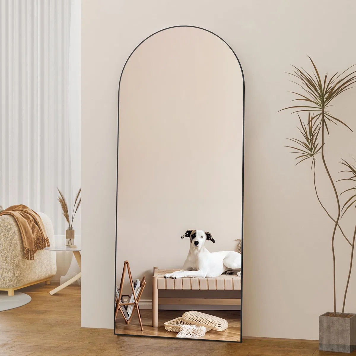 Ganzkörperspiegel, 165X60cm gewölbter Bodenspiegel mit Ständer hängend oder lehnend an die Wand stehender Großer Schlafzimmer für Garderobe (Schwarz)