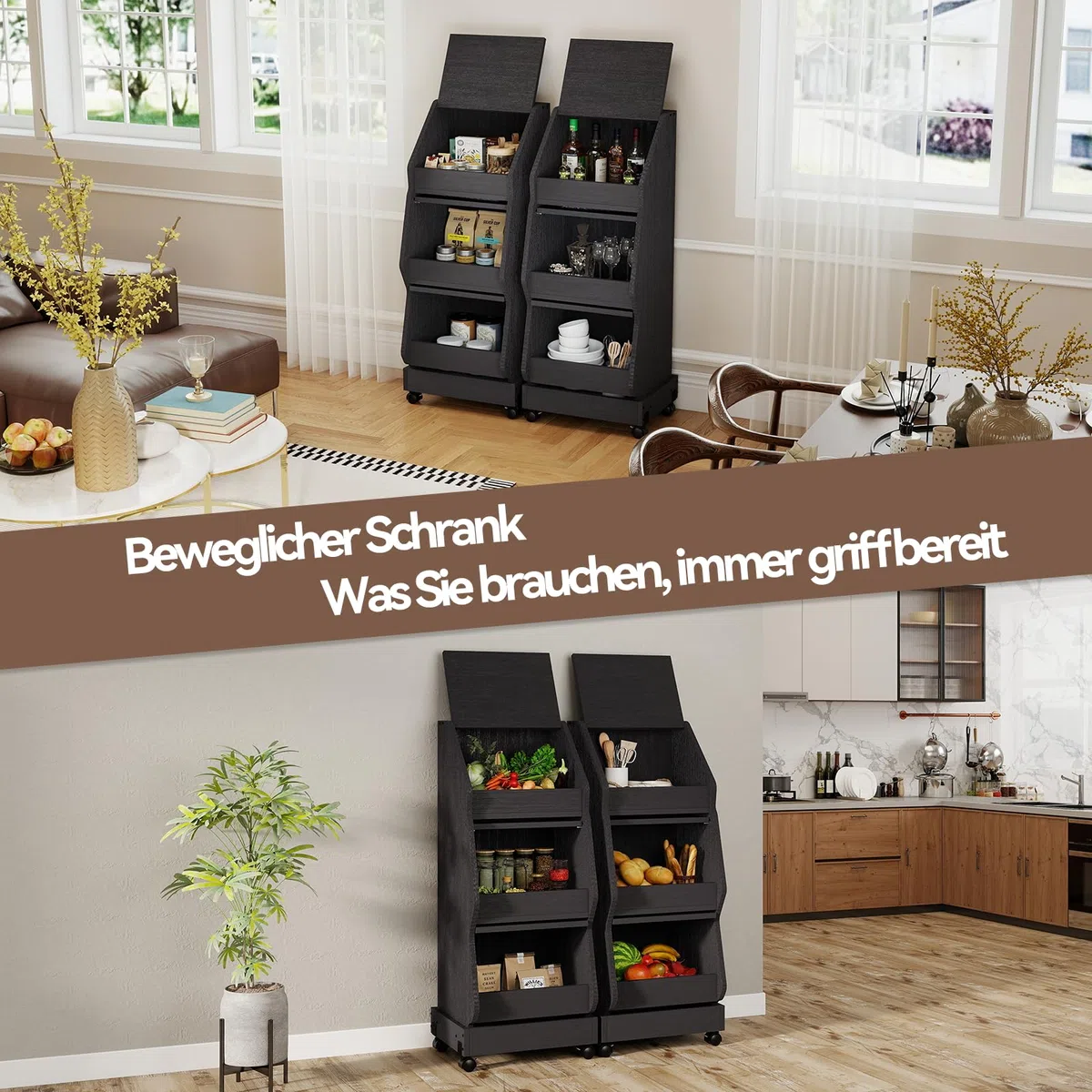 ARTETHYS Gemüseregal mit Rollen, Kartoffelkiste aus Holz, Aufbewahrungskiste mit Deckel, 3 Etagen Obst und Gemüse Aufbewahrung, Küchenwagen Rollwagen, Schwarz