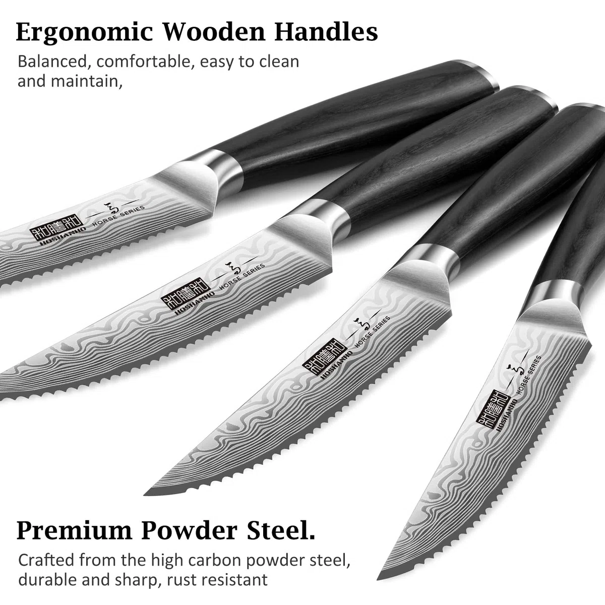 HOSHANHO 6-Teilig Steakmesser-Set, 11,5 cm Steakmesser Set mit Japanischer Wellenschliffklinge, Ultrascharfes Steakmesser aus Pulverisiertem Kohlenstoffstahl mit Pakkaholzgriff
