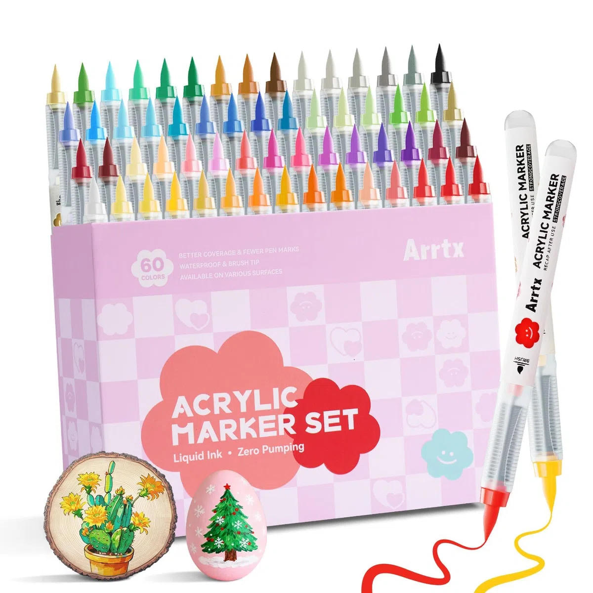Arrtx Acrylstifte für Steine Wasserfest, 60 Farben Acrylstift Pinsel Spitze, Acryl-Marker, Schnelltrocknend und Ungiftig, Kunstbedarf für Stein, Glas, Ei, Holz, Met, Keramik, DIY Handwerk